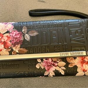 Steve Madden Black and Pink Floral Embossed Clutch